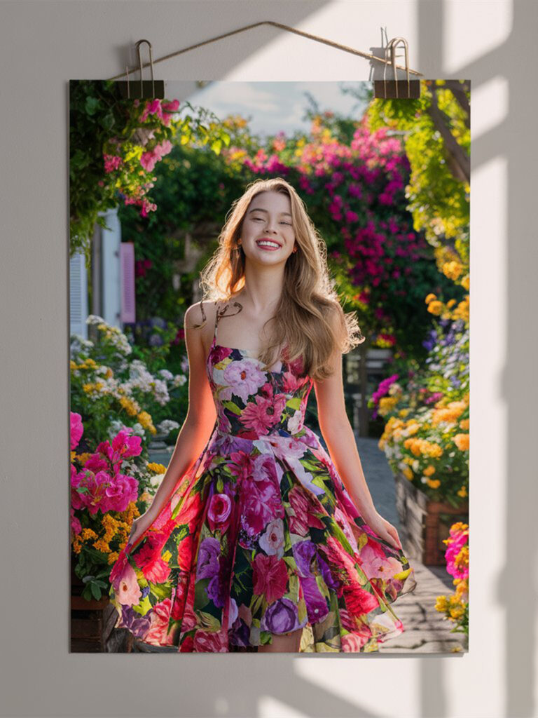 una-donna-un-vestito-colorato-sta-posando-per-una-foto